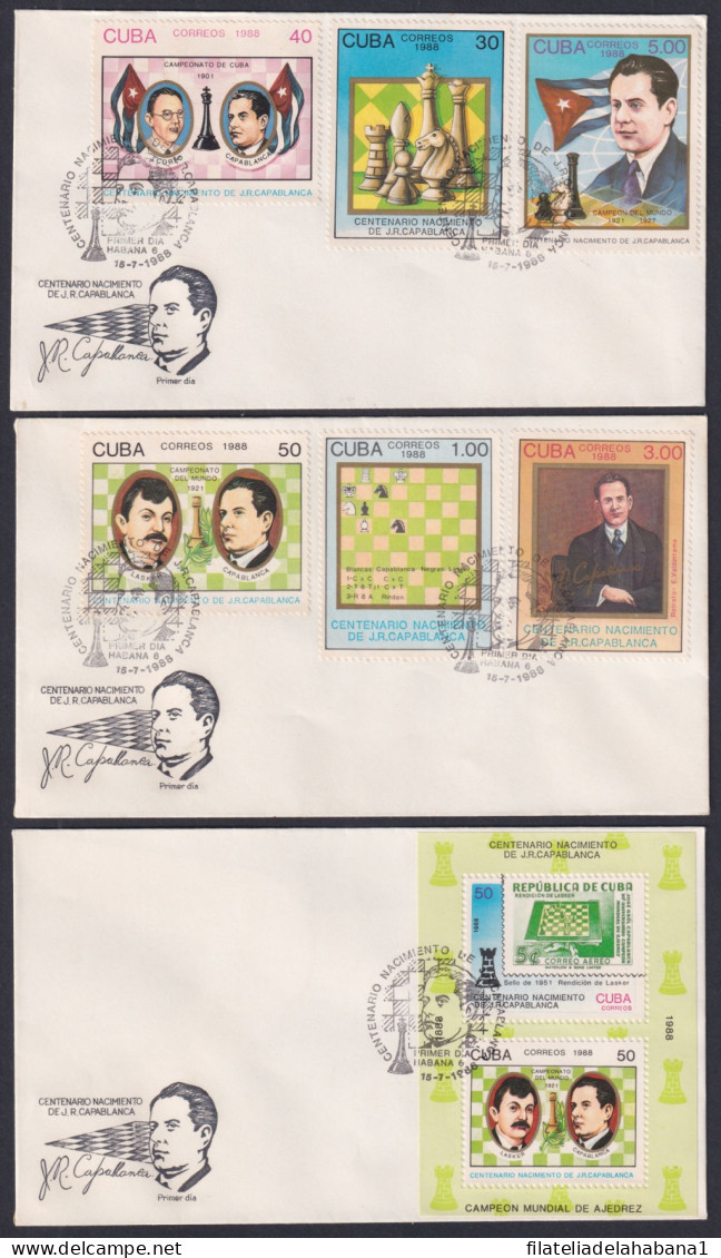 1988-FDC-93 CUBA FDC 1988 CENT JOSE RAUL CAPABLANCA ENMANUEL LASKER CHESS AJEDREZ.  - FDC