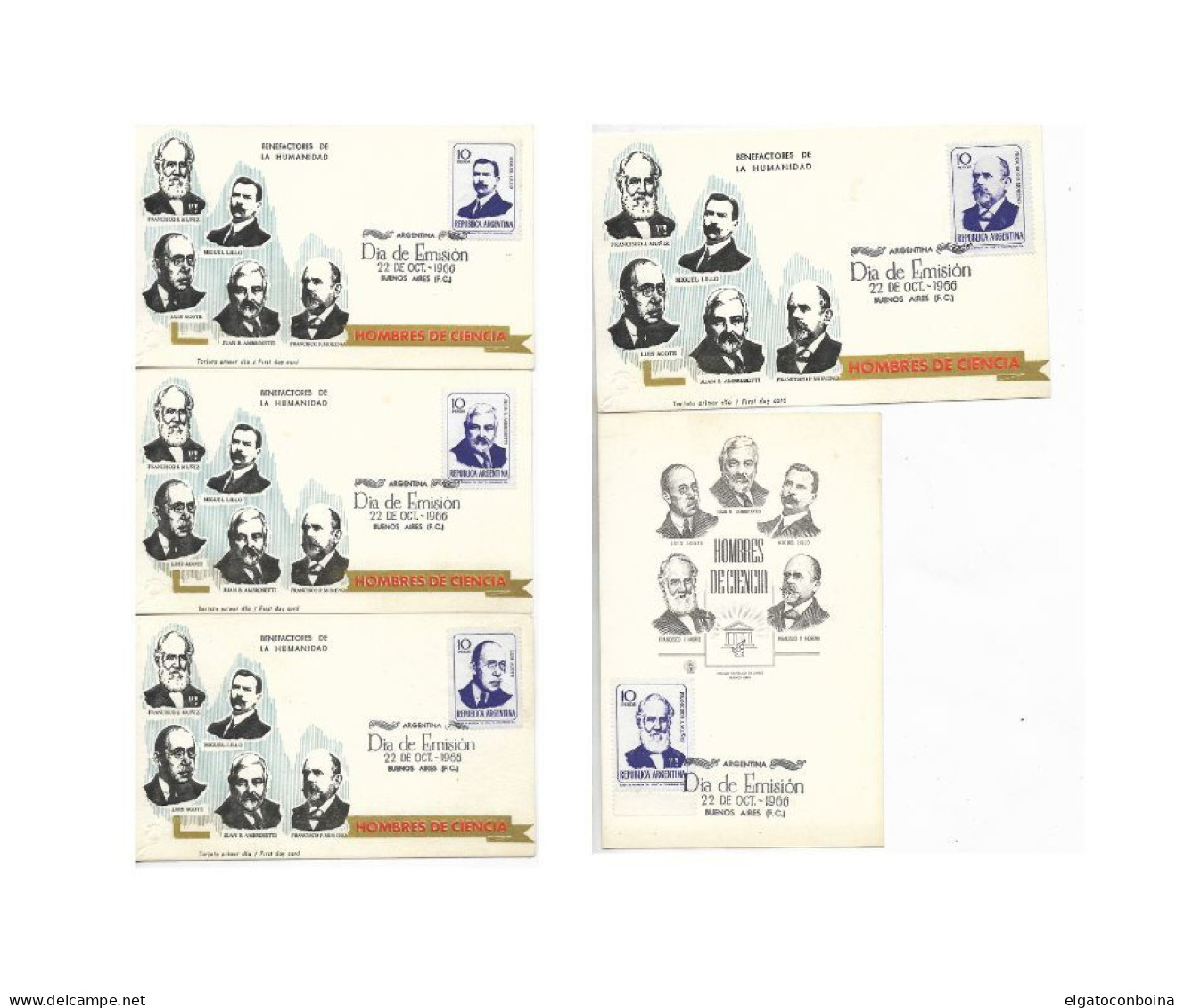 ARGENTINA 1966 MEN OF SCIENCE COMPLETE SET ON 5 FIRST DAY CARDS FDC - Covers & Documents