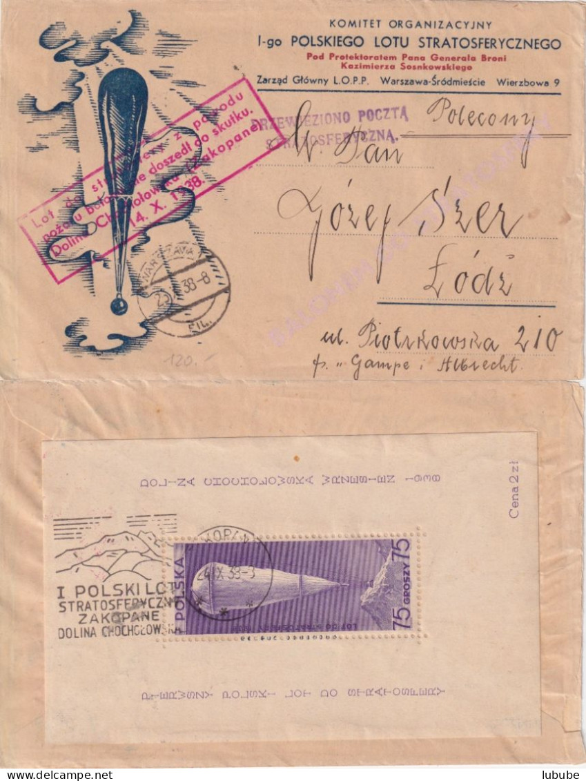 Stratosphären Ballonflug  Zakopane - Warszawa - Lodz        1938 - Storia Postale