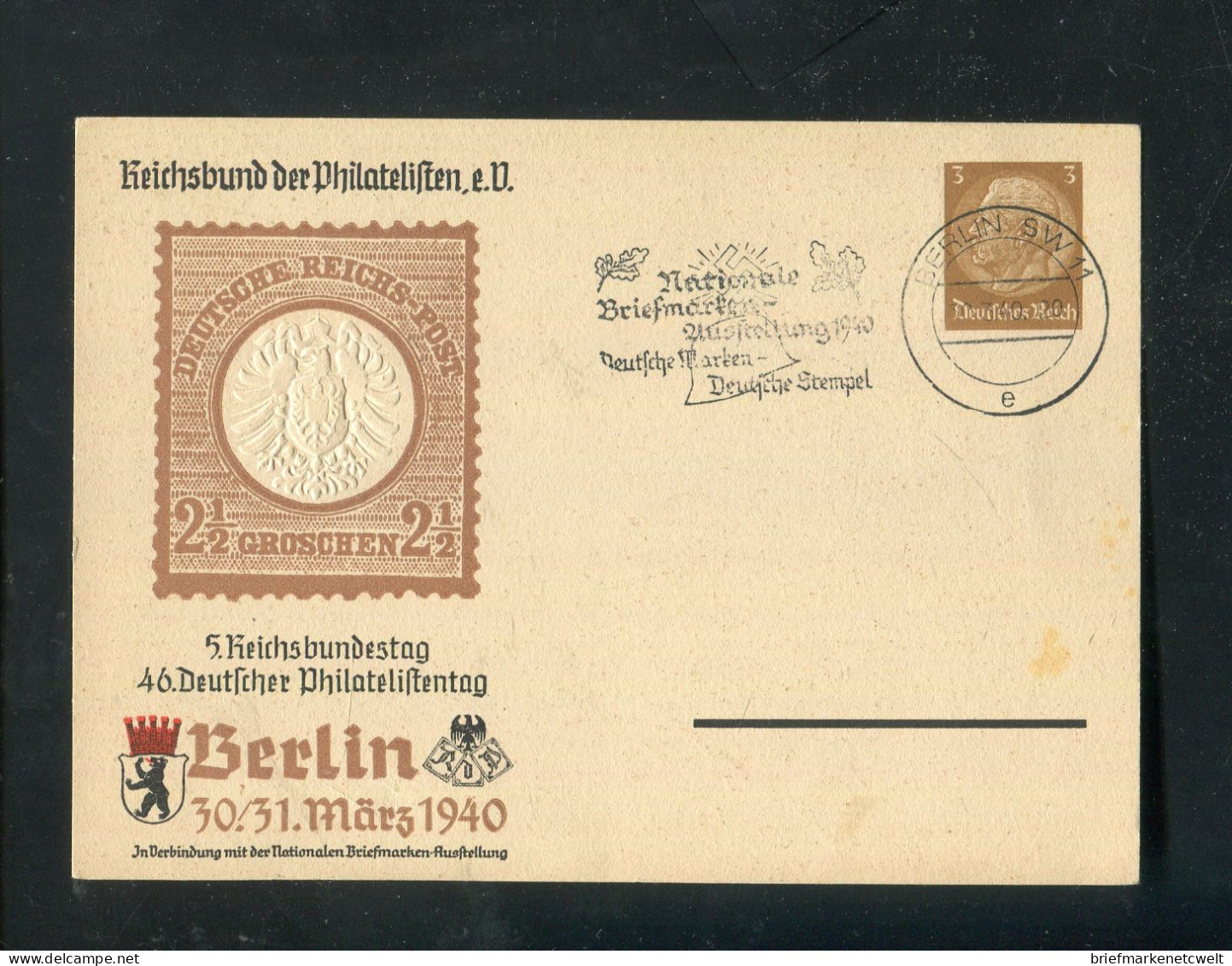 "DEUTSCHES REICH" 1940, Privat-Postkarte "46. Deutscher Philatelistentag" Stempel "BERLIN" (B1079) - Private Postwaardestukken