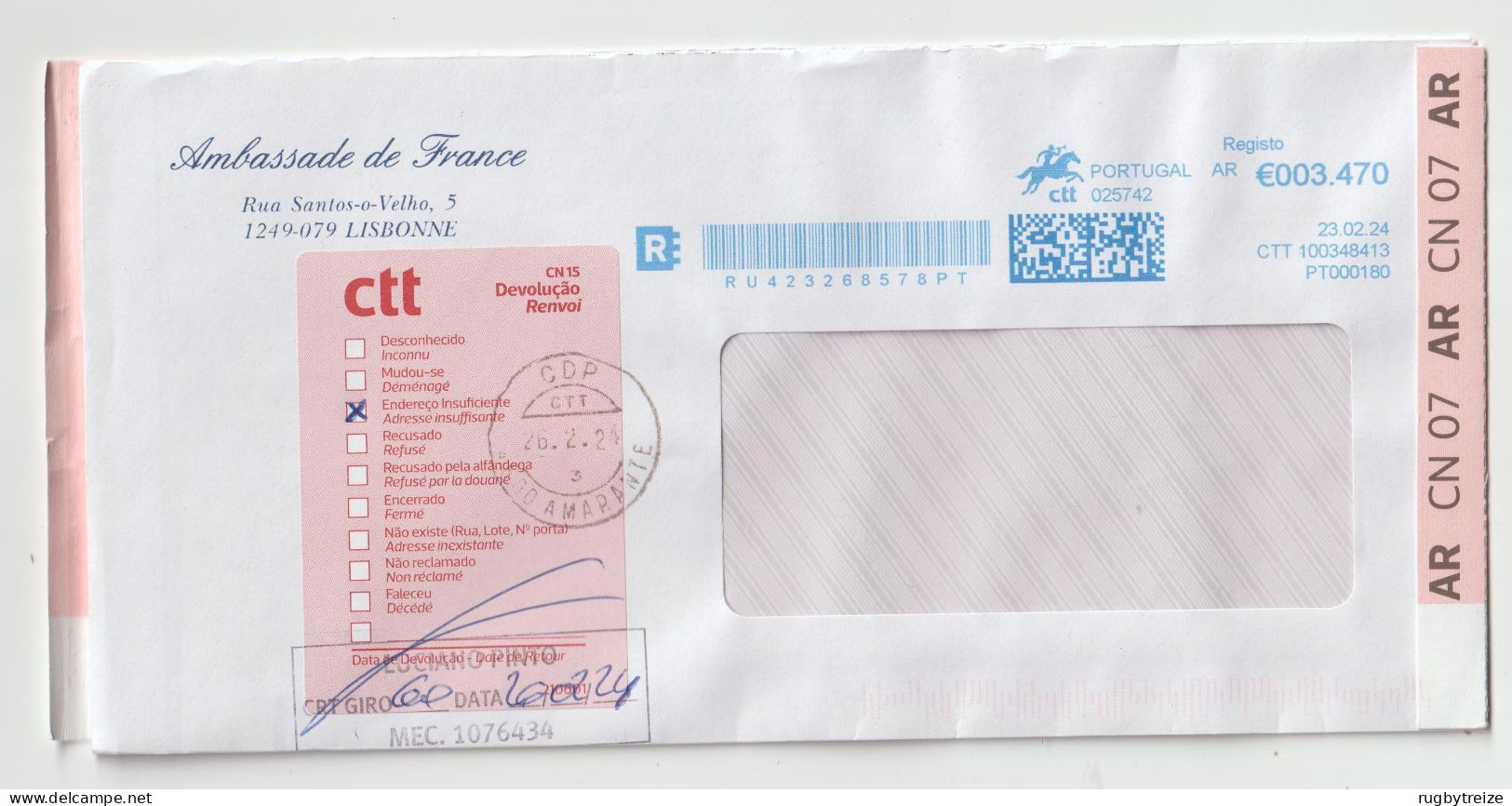 7725 PORTUGAL Recommandé Registered NPAI Return To Sender Horse Cheval Remetente Ambassade RTS Amarante - Maschinenstempel (EMA)