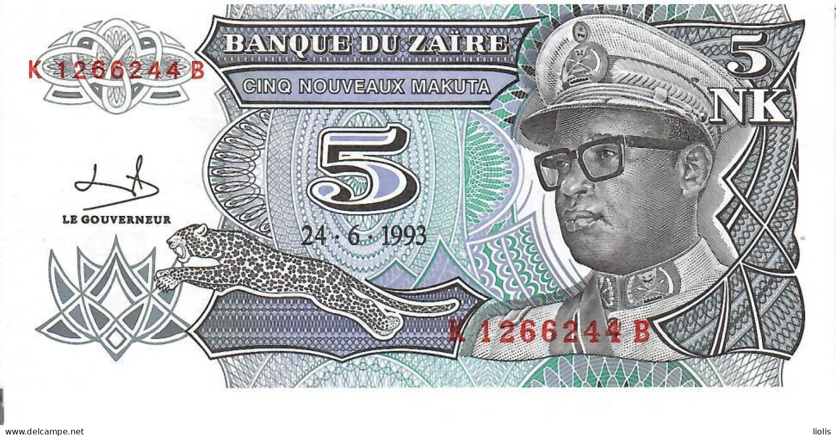 Zaire  P-48  5 . Zaires  1993  UNC - Zaïre