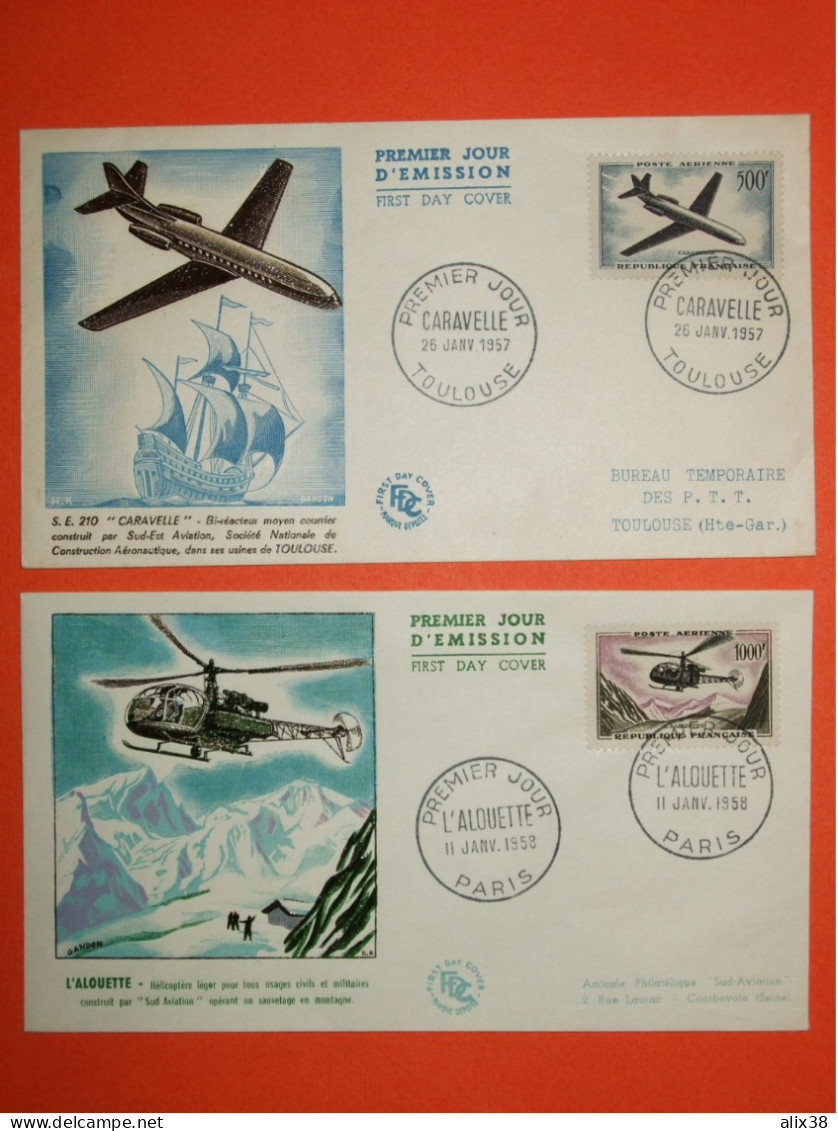FRANCE 1er JOUR 1957/58- PA 36 La Caravelle 500f Et PA 37L'Alouette 1000f Sur 2 Enveloppes.  Superbe - 1950-1959