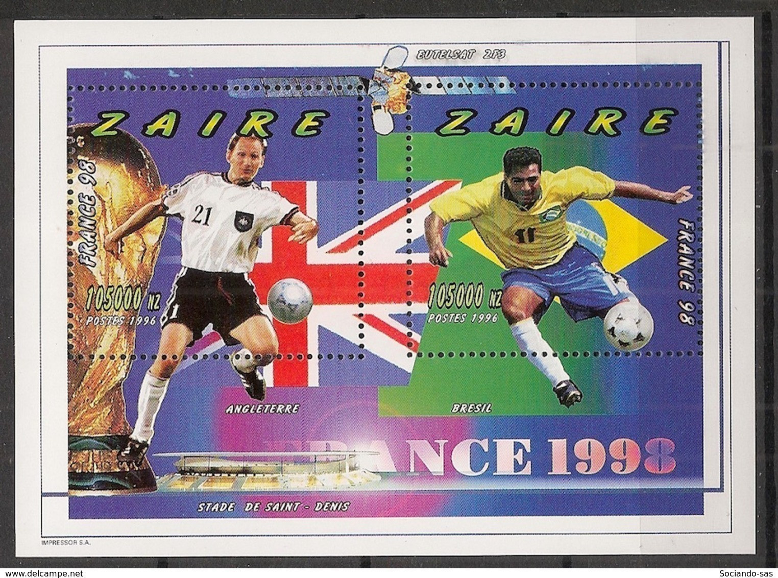 ZAIRE - 1997 - Bloc Feuillet BF N°YT. 53 - Football World Cup France - Neuf Luxe ** / MNH / Postfrisch - Ungebraucht