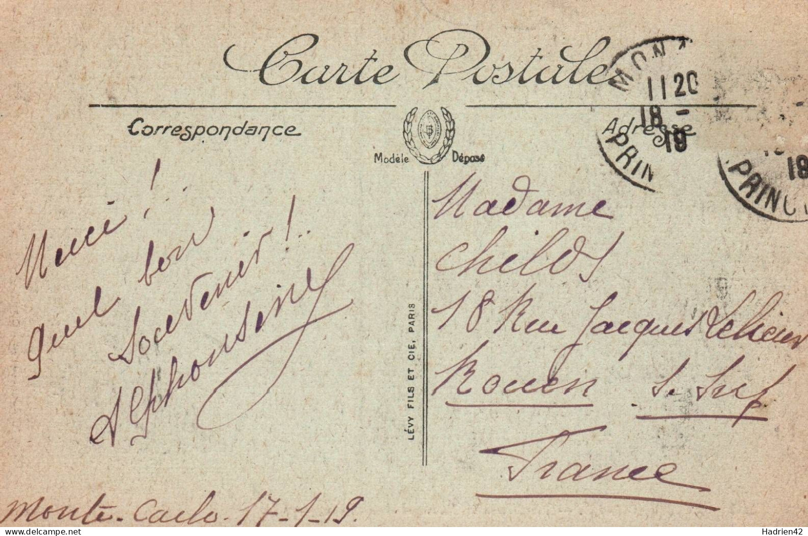 RECTO/VERSO - CPA - MONACO - NOUVELLES TERRASSES ET LE CASINO - CACHET 1919 - Casino