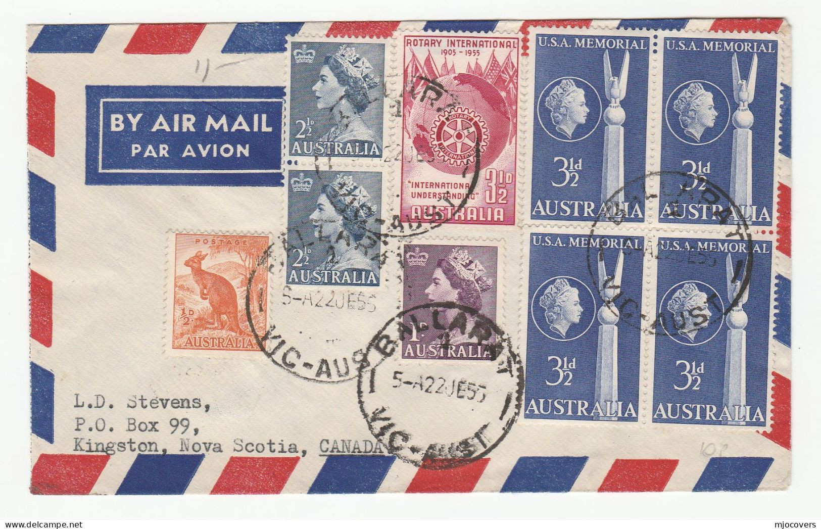 1955 Franked 9 Stamps  AUSTRALIA Airmail Ballarat To Kinston Canada Cover Bl 4 Memorial, Rotary,, Kangaroo, Etc - Cartas & Documentos