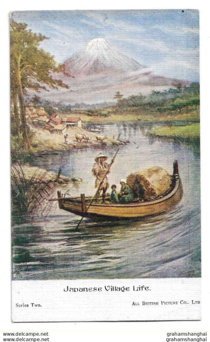 Postcard Japanese Village Life Man On Sampan On River By Houses All British Picture Co. Unposted - Azië