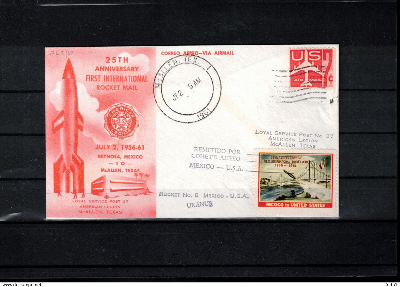 USA  1961 Rocket Mail - 25th Anniversary Of First International Mail Rocket Nr. 8 URANUS From Mexico To USA - Brieven En Documenten