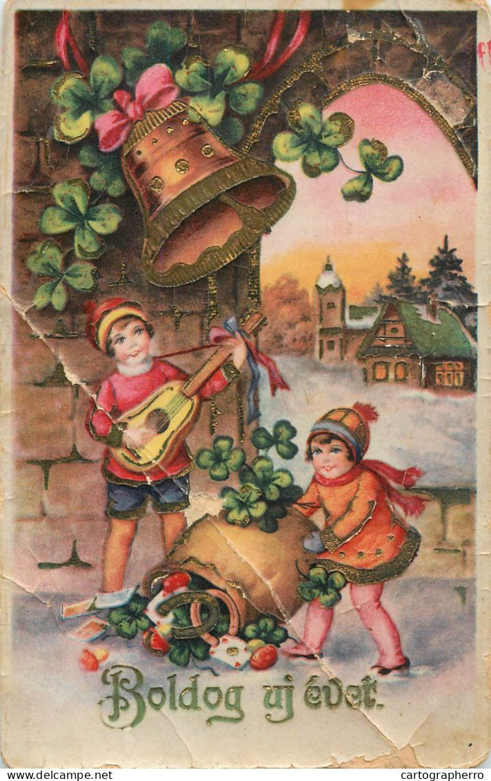 Drawn Children Greetings New Year Guitar Bells Shamrock Hungary Card - Groupes D'enfants & Familles