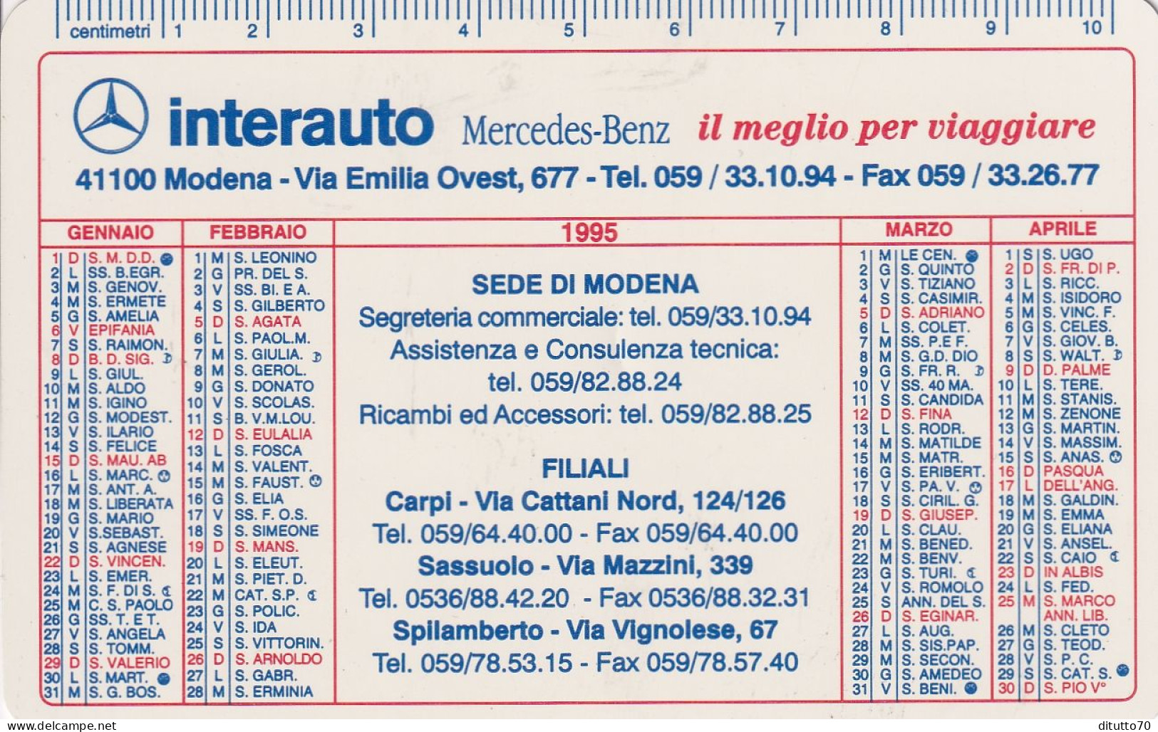 Calendarietto - Interauto - Mercedes - Modena - Anno 1995 - Petit Format : 1991-00