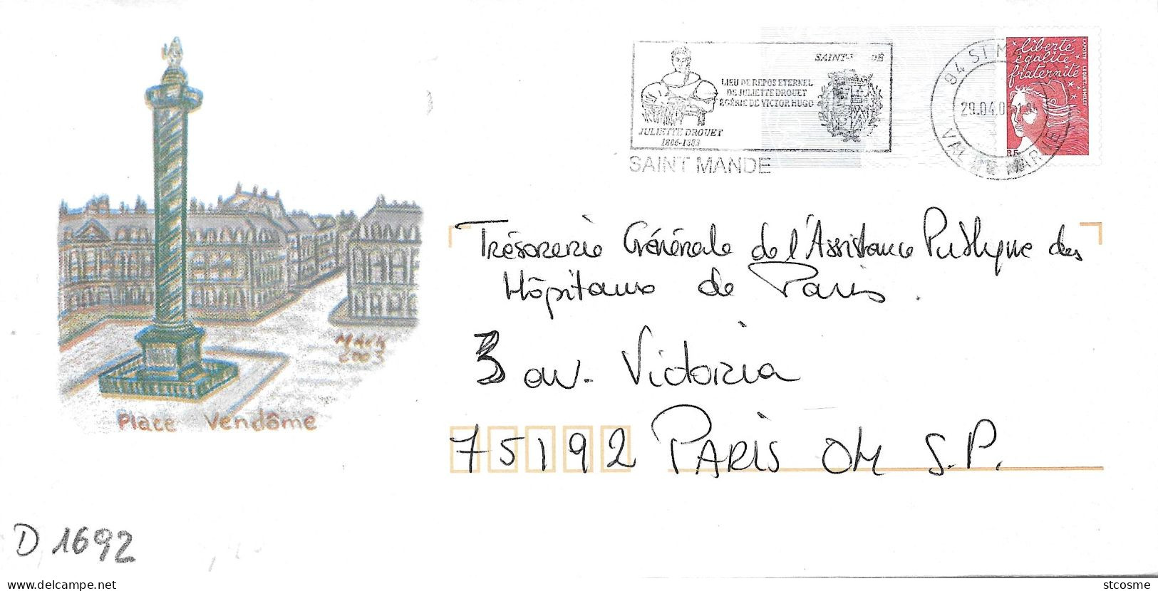 D1692 Entier Postal / Postal Stationnery / PSE - PAP Luquet - Place Vendôme (75) 809-lot B2J/0207523 - Listos Para Enviar: Transplantes /Luquet