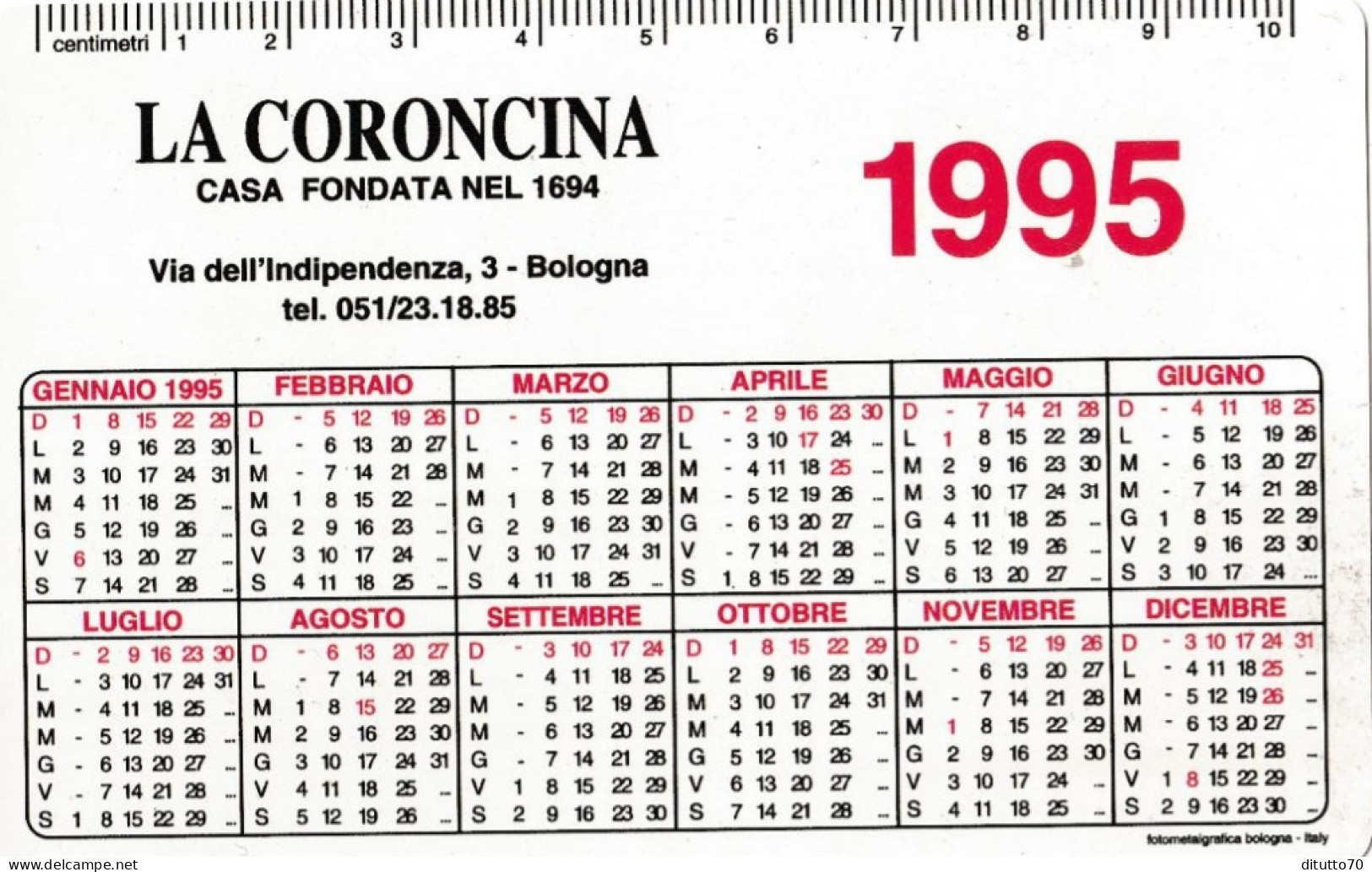 Calendarietto - La Coroncina - Bologna - Anno 1995 - Petit Format : 1991-00