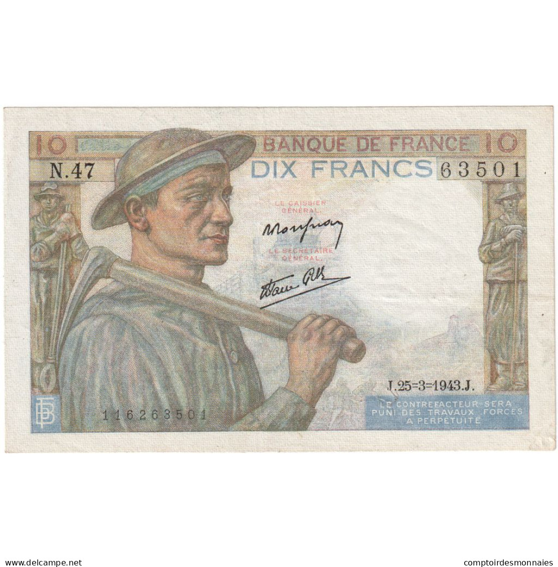 France, 10 Francs, Mineur, 1943, N.4763501, TTB, Fayette:8.8, KM:99e - 10 F 1941-1949 ''Mineur''