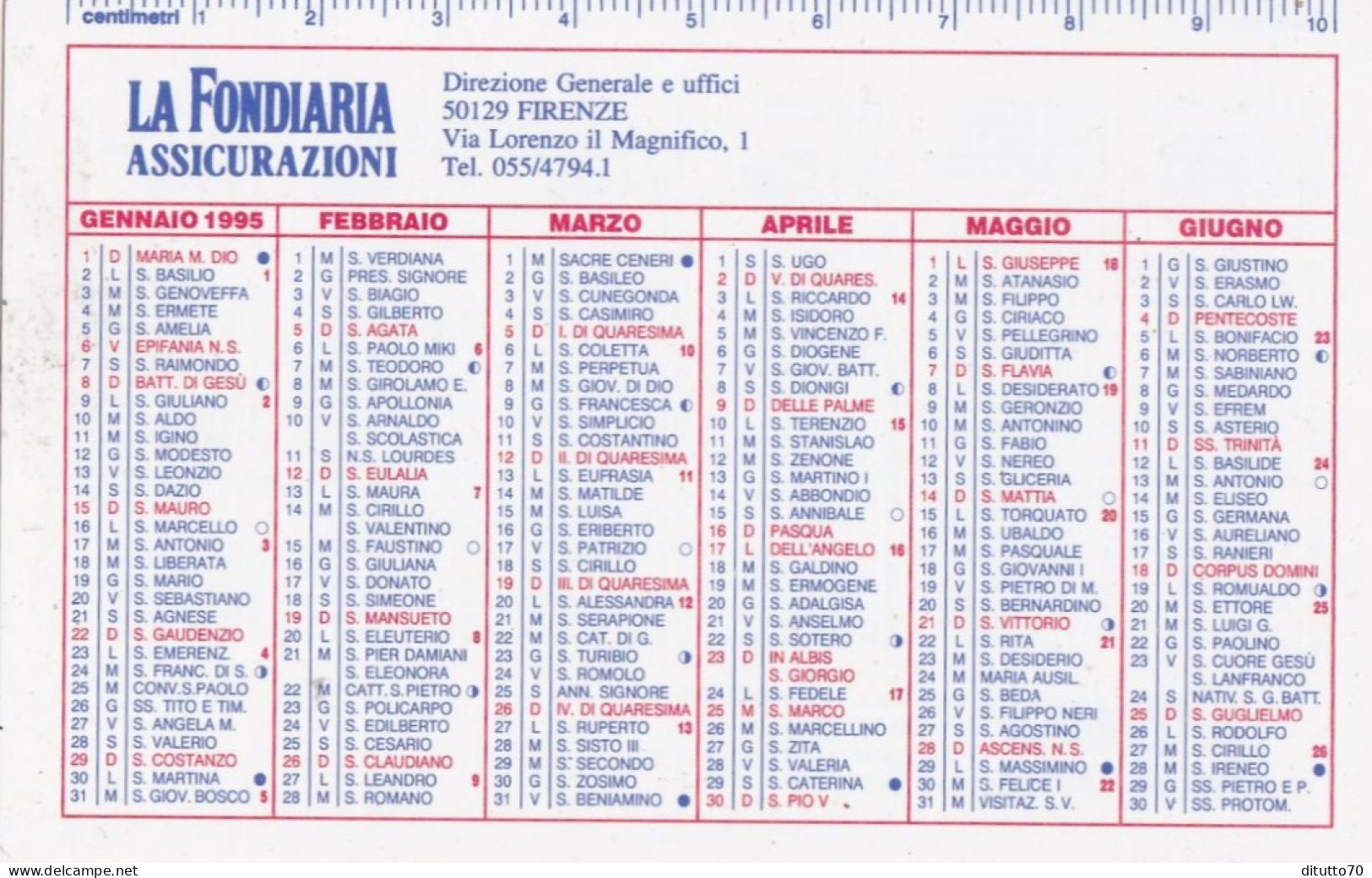 Calendarietto - La Fondiaria - Assicurazioni - Firenze - Anno 1995 - Petit Format : 1991-00