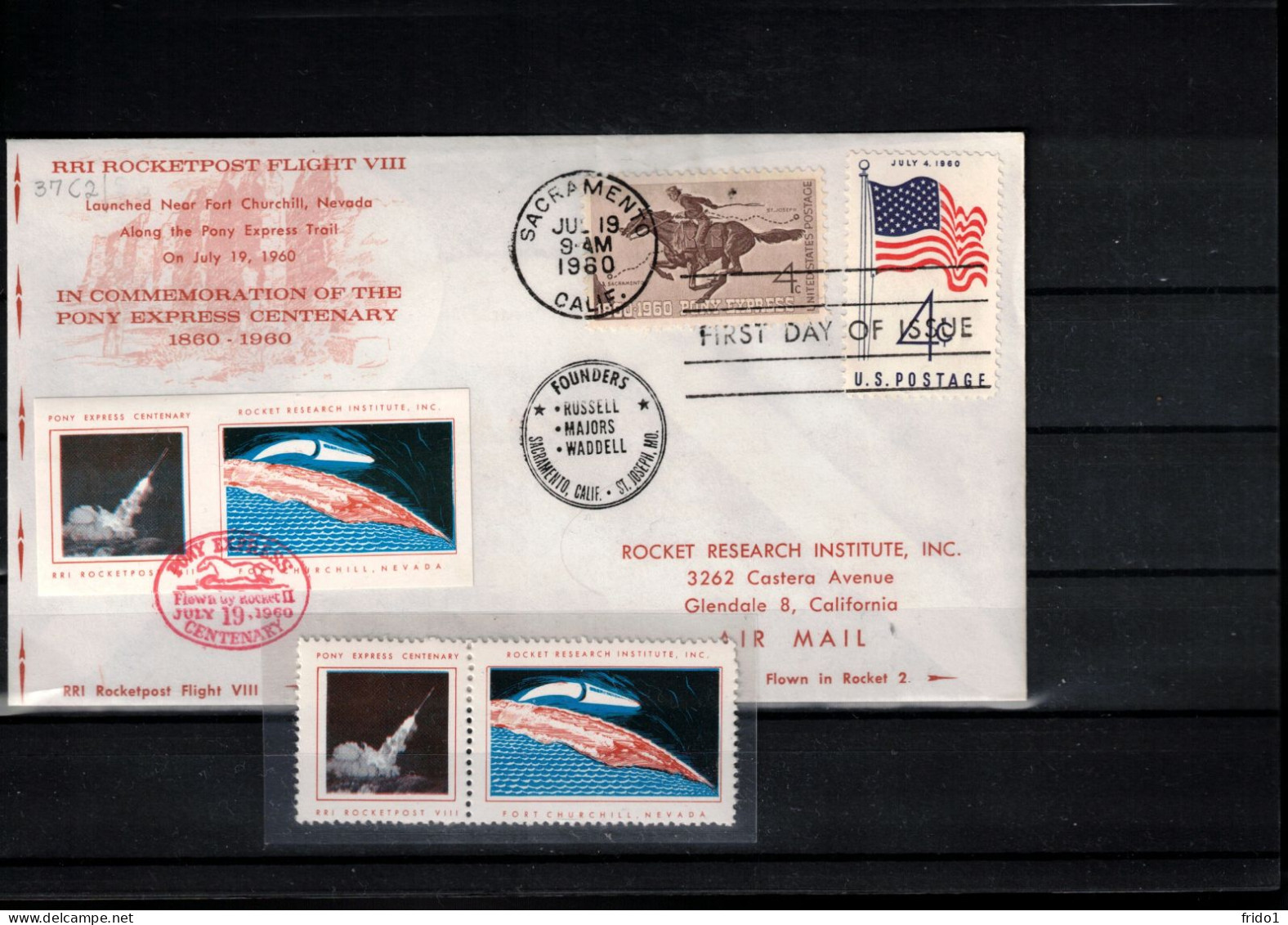 USA  1960 Rocket Mail Commemorating Pony Express Centenary - RRI Rocketpost Flight VIII Rocket 2 Cover+perforated Label - Cartas & Documentos