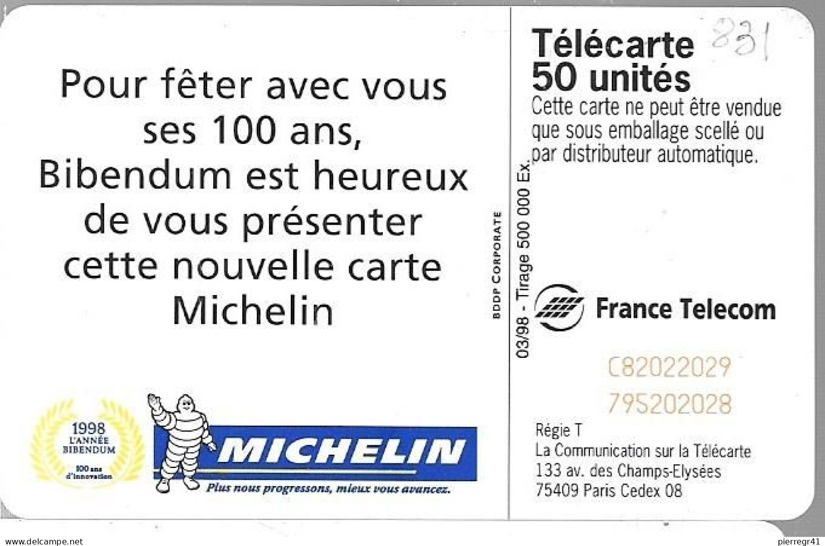 CARTE-PUBLIC-50U-F831-SC7-03/98-MICHELIN BIBENDUM-Uilisé-TBE- - 1998