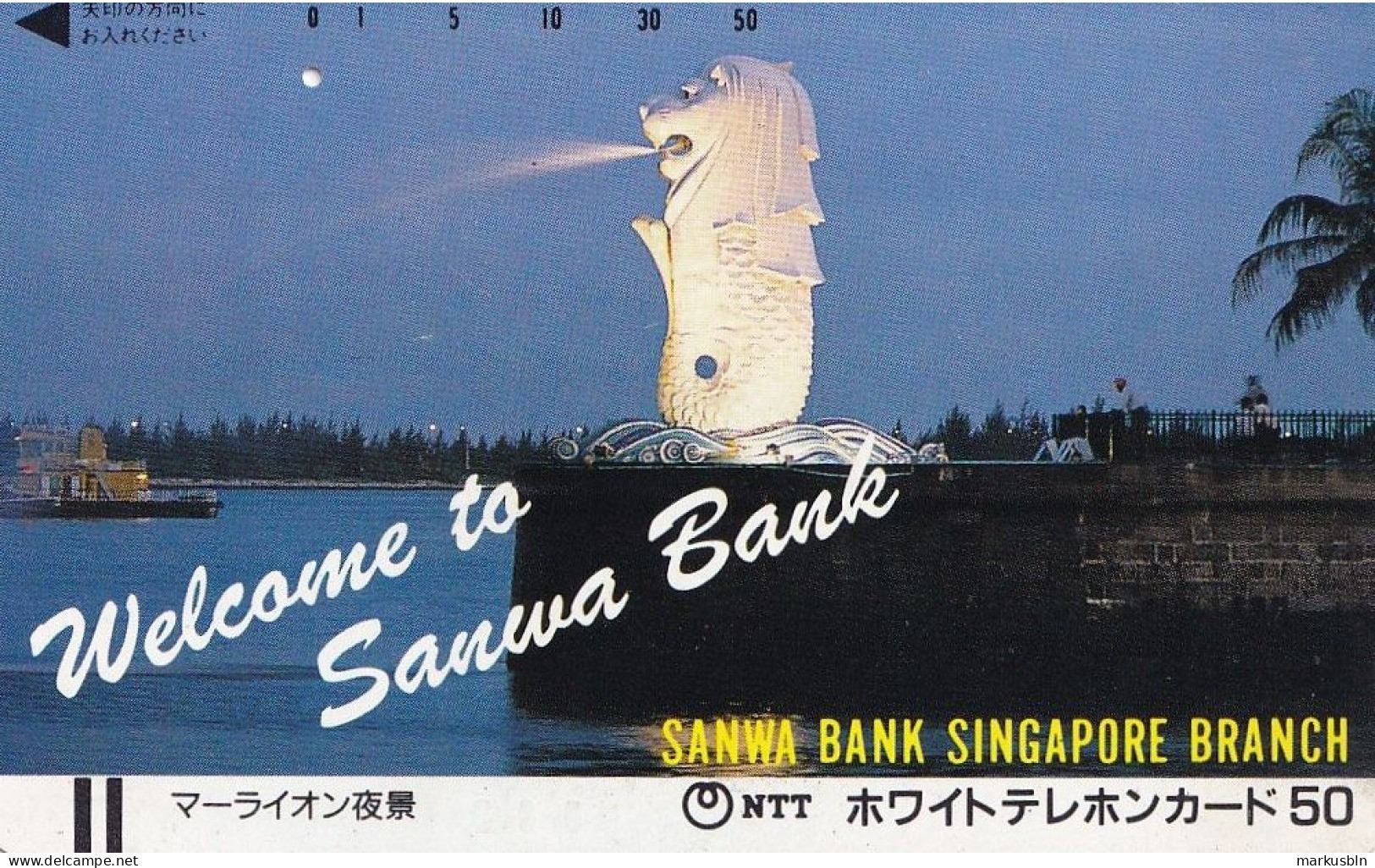 Japan Tamura 50u Old Private 110 - 011 Singapore Merlion Sanwa Bank / Bars On Front / 1 Hole Useage - Japón