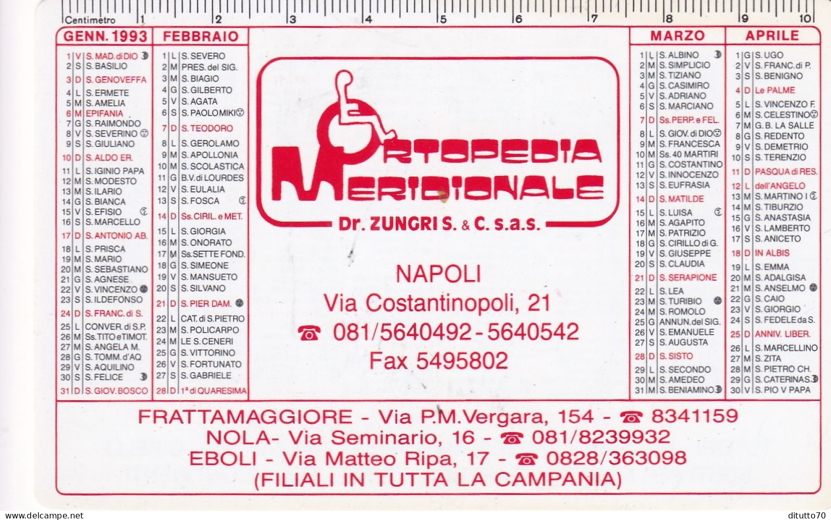 Calendarietto - Ortepedia Meridoniale - Napoli - Anno 1995 - Petit Format : 1991-00