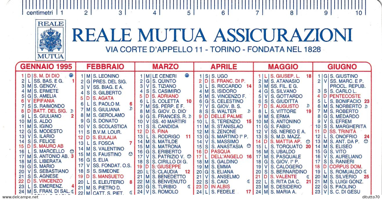 Calendarietto - Reale Mutua Assicurazioni - Torino - Anno 1995 - Petit Format : 1991-00