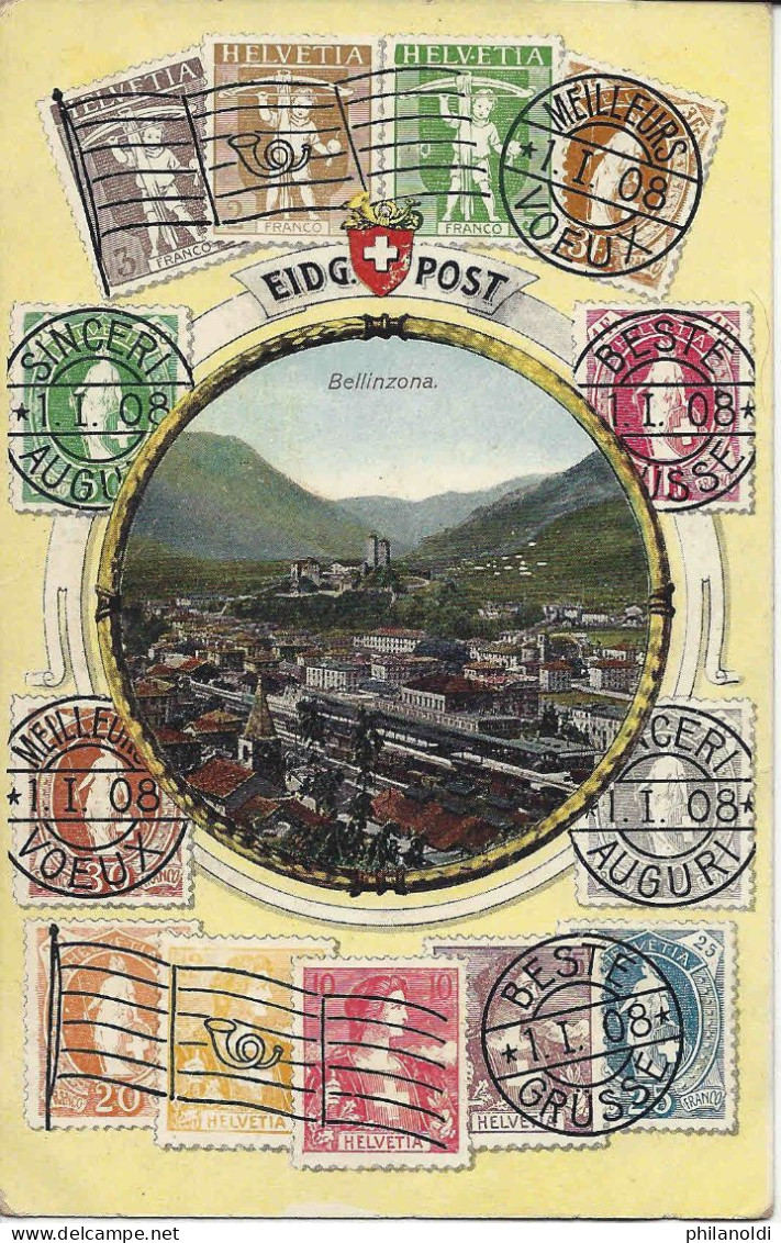 Bellinzona, Veduta Circondata Da Francobolli Disegnati Per Gli Auguri  Viaggiata 1911 Annullo Militare - Bellinzone