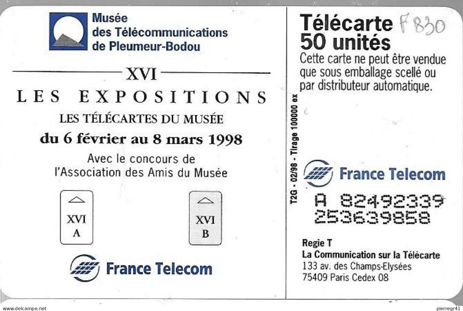 CARTE-PUBLIC-50U-F830-SO3-JG-02/98-PLEUMEUR-BODOU-16-EXPO B-N° Série A 82492339-Utilisé-TBE-RARE - 1998