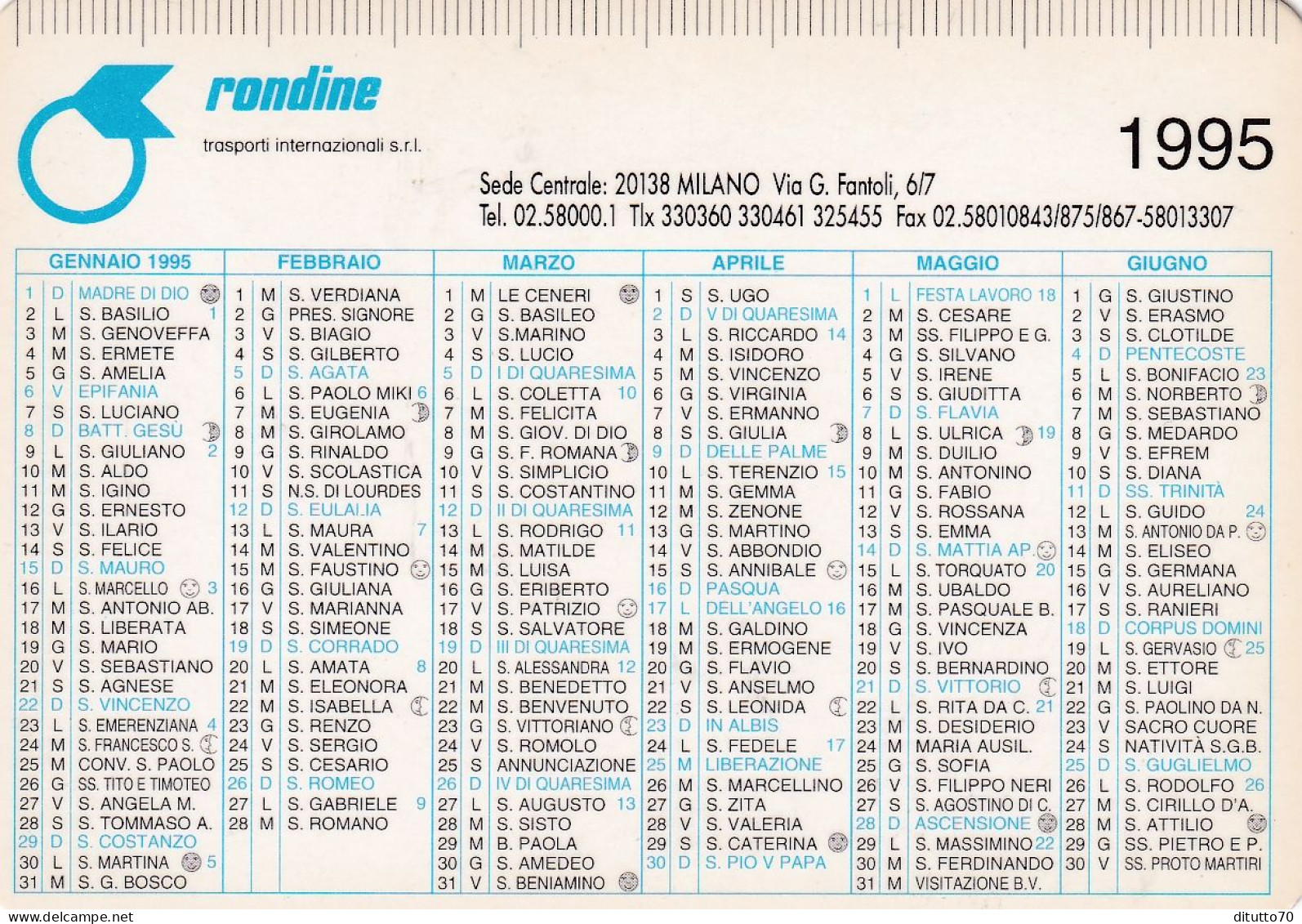 Calendarietto - Rondine - Trasporti Internazionali - Milano - Anno 1995 - Petit Format : 1991-00