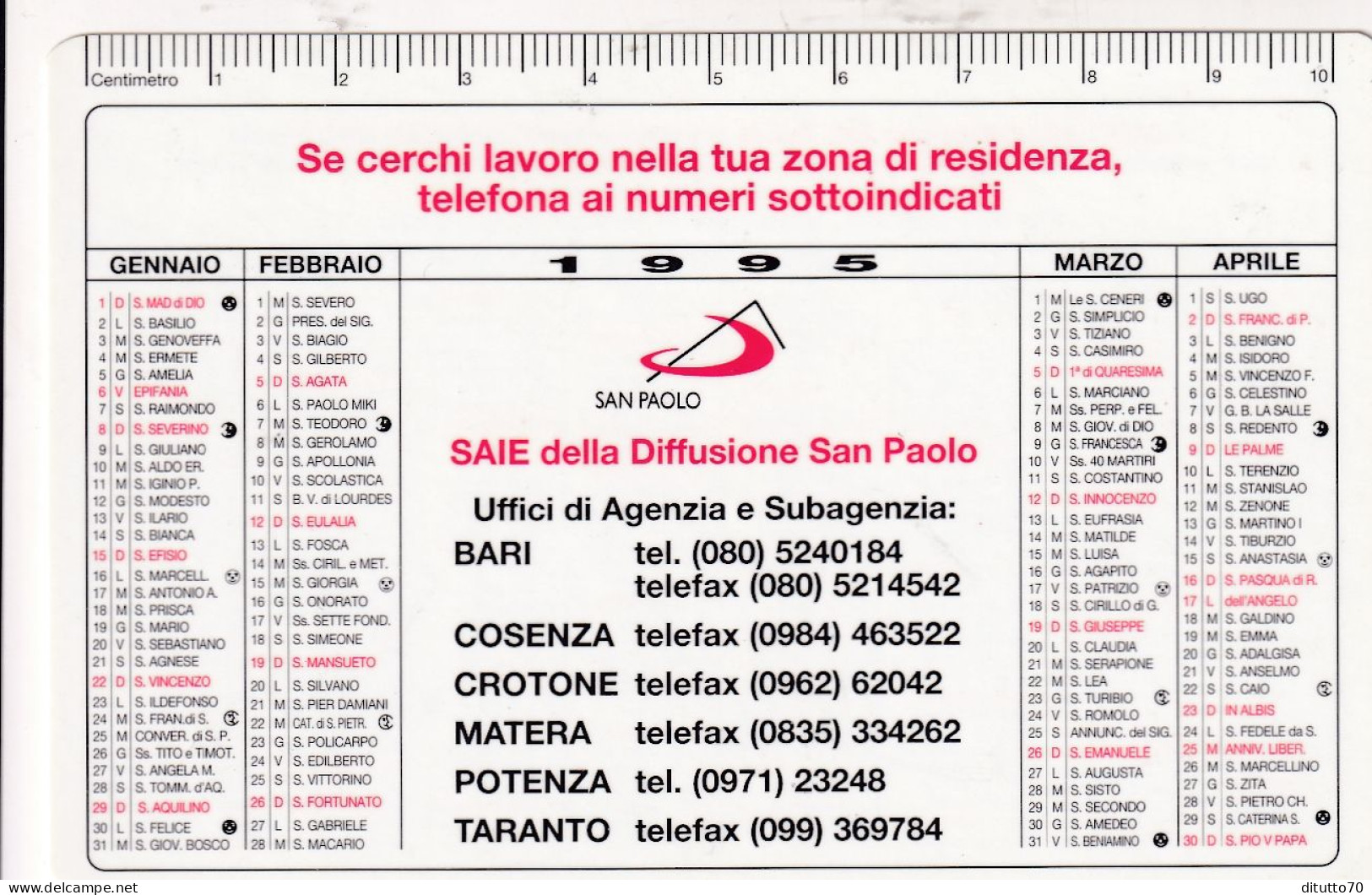 Calendarietto - SAIE - Della Diffusione San Paolo - Anno 1995 - Petit Format : 1991-00