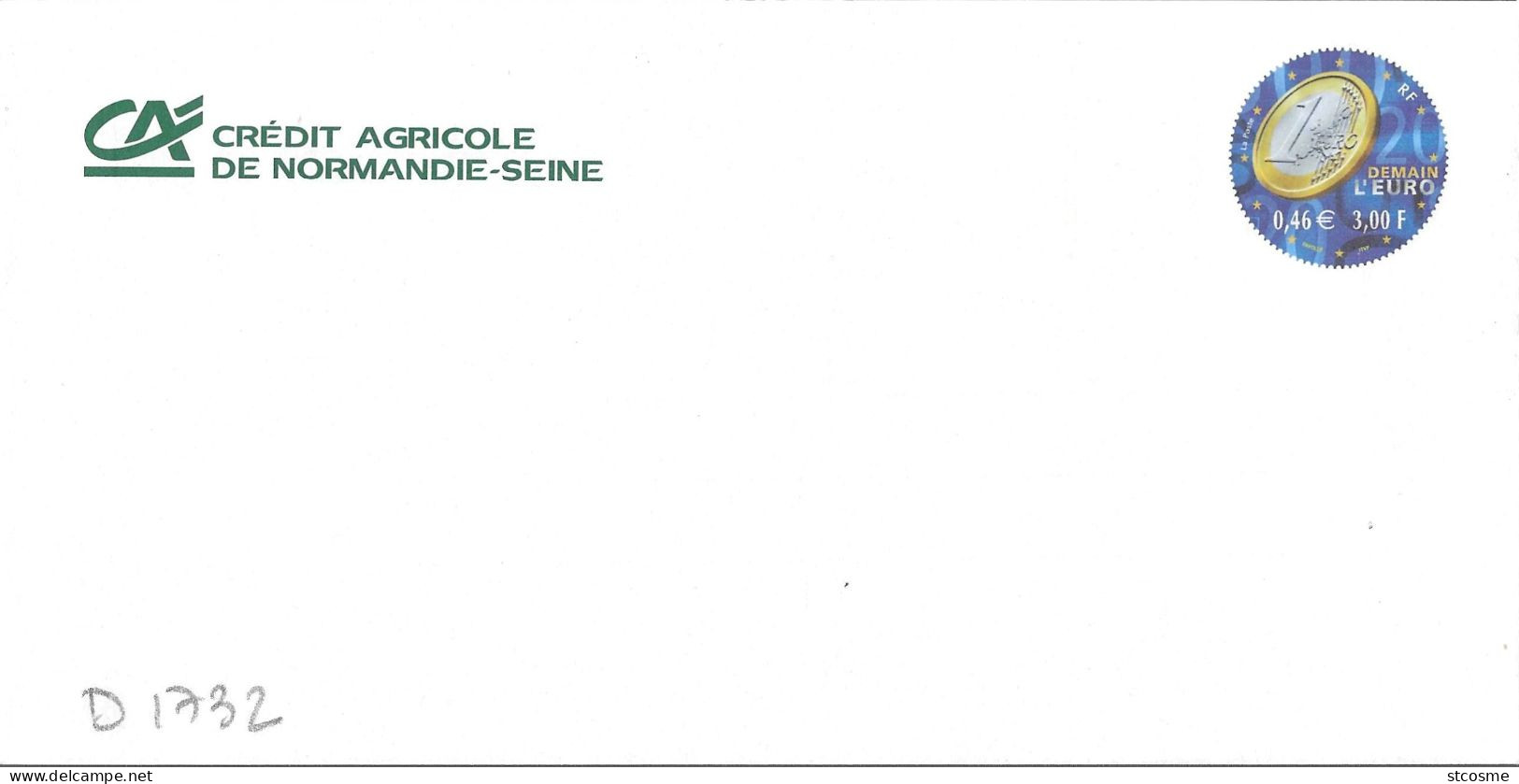 D1732 Entier Postal / Postal Stationnery / PSE - PAP Demain L'euro - Repiquage Crédit Agricole De Normandie Seine - PAP: Private Aufdrucke