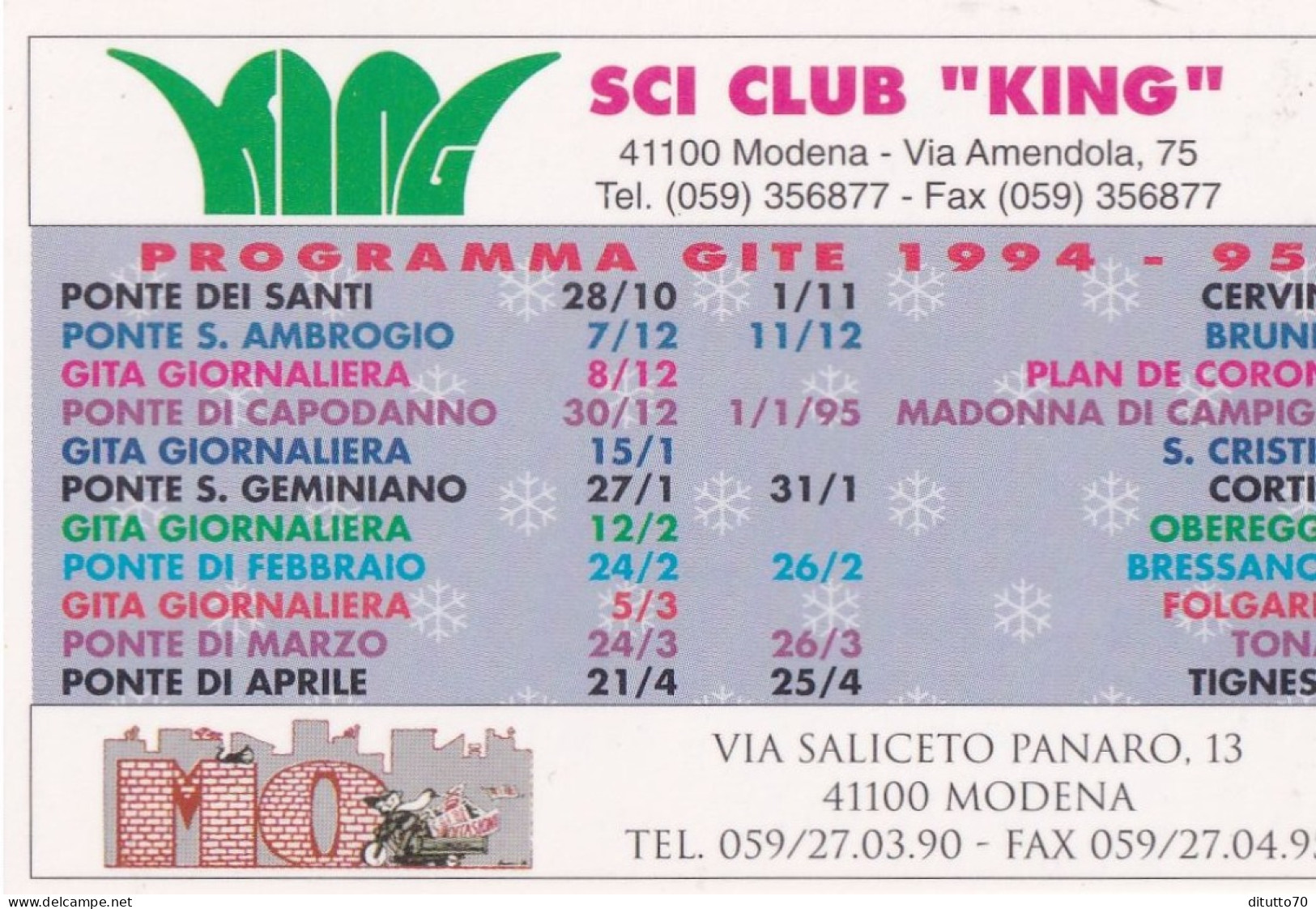 Calendarietto - Sci Club King - Modena - Anno 1995 - Small : 1991-00