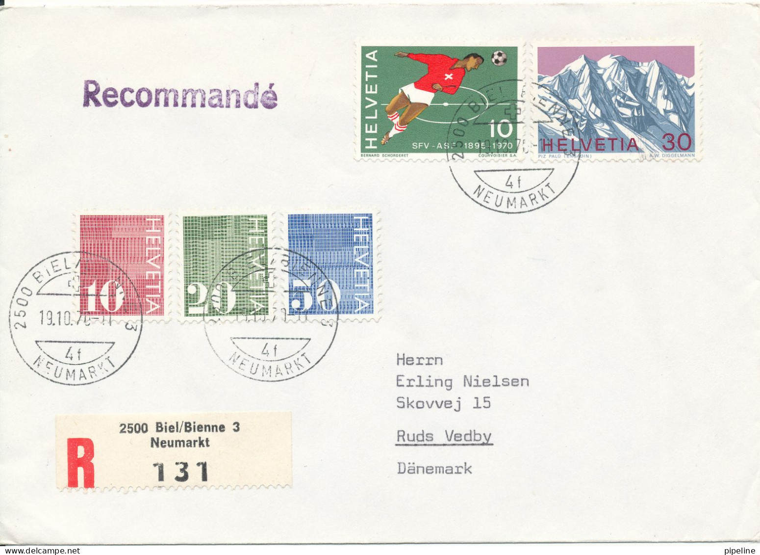 Switzerland Registered Cover Sent To Denmark Biel/Bienne 3 Neumarkt 19-10-1970 Topic Stamps The Flap On The Backside Of - Covers & Documents