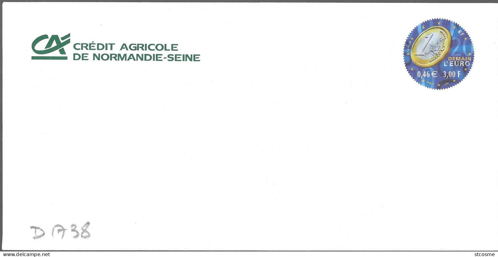 D1738 Entier Postal / Postal Stationnery / PSE - PAP Demain L'euro, Repiquage Crédit Agricole De Normandie Seine - Prêts-à-poster:private Overprinting