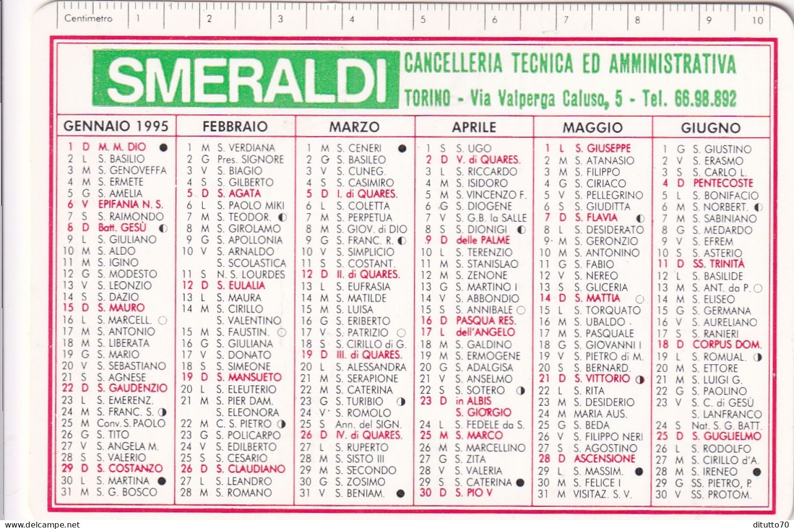 Calendarietto - Smeraldi - Torino - Anno 1995 - Small : 1991-00