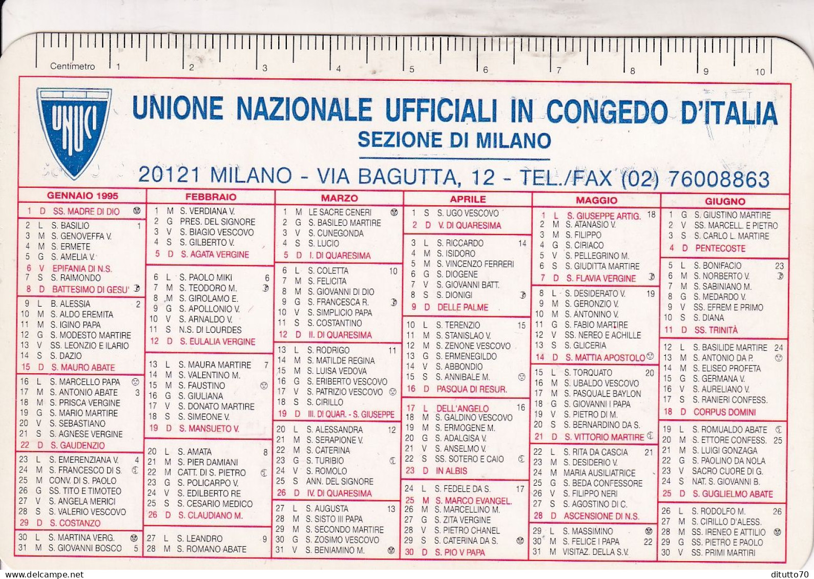 Calendarietto - Unione Nazionale Ufficiali In Congedo D'italia - Sezione Di Milano - Anno 1995 - Small : 1991-00