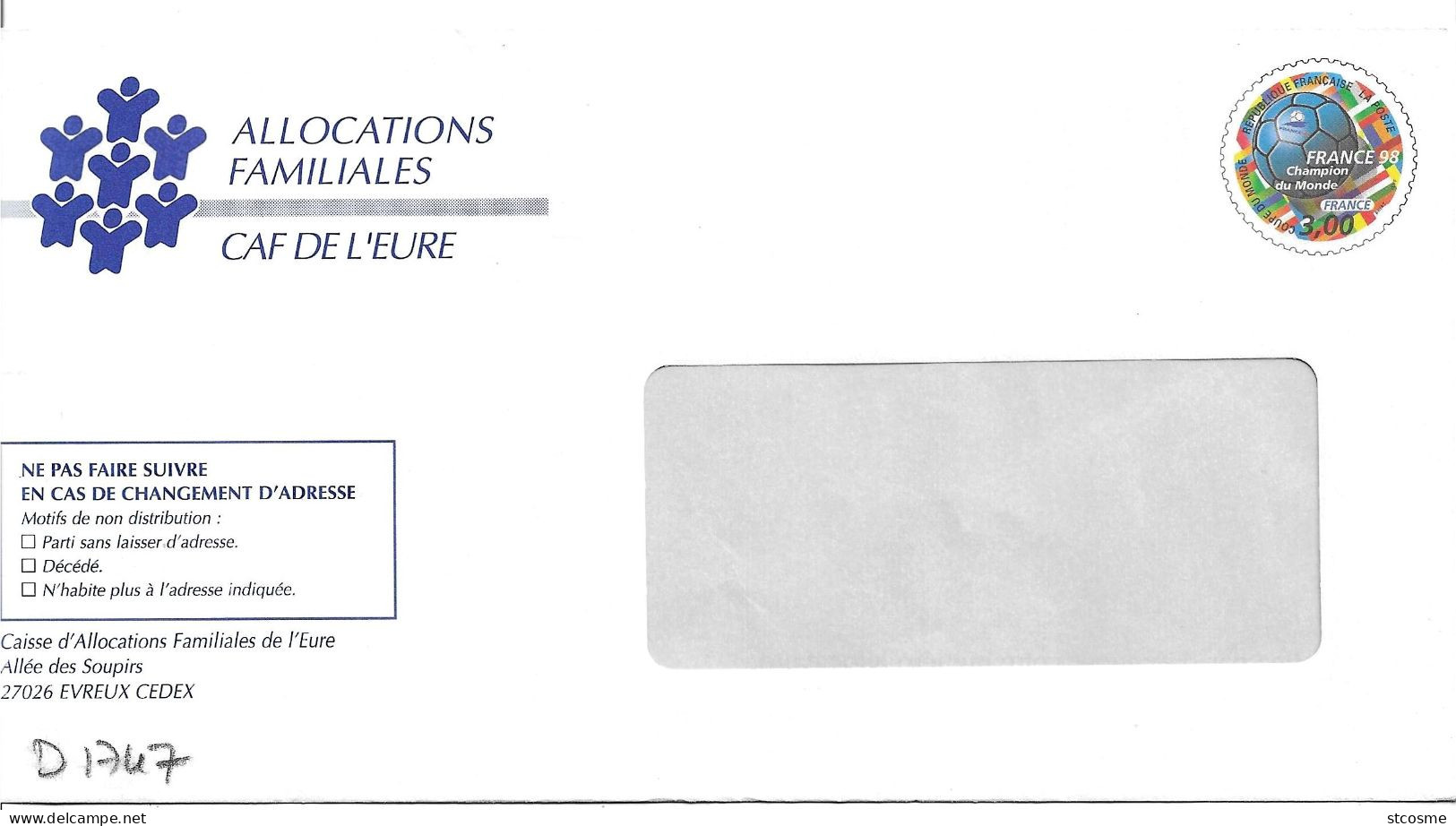 D1747 Entier Postal / Postal Stationnery / PSE - PAP France 98 Champion Du Monde - Repiquage CAF De L'Eure - PAP: Private Aufdrucke