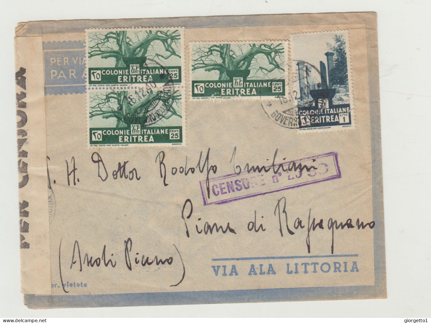 BUSTA SENZA LETTERA - VIA ALA LITTORIA  - COLONIE ITALIANE ERITREA CON CENSURA DEL 1940 WW2 - Marcophilie (Avions)