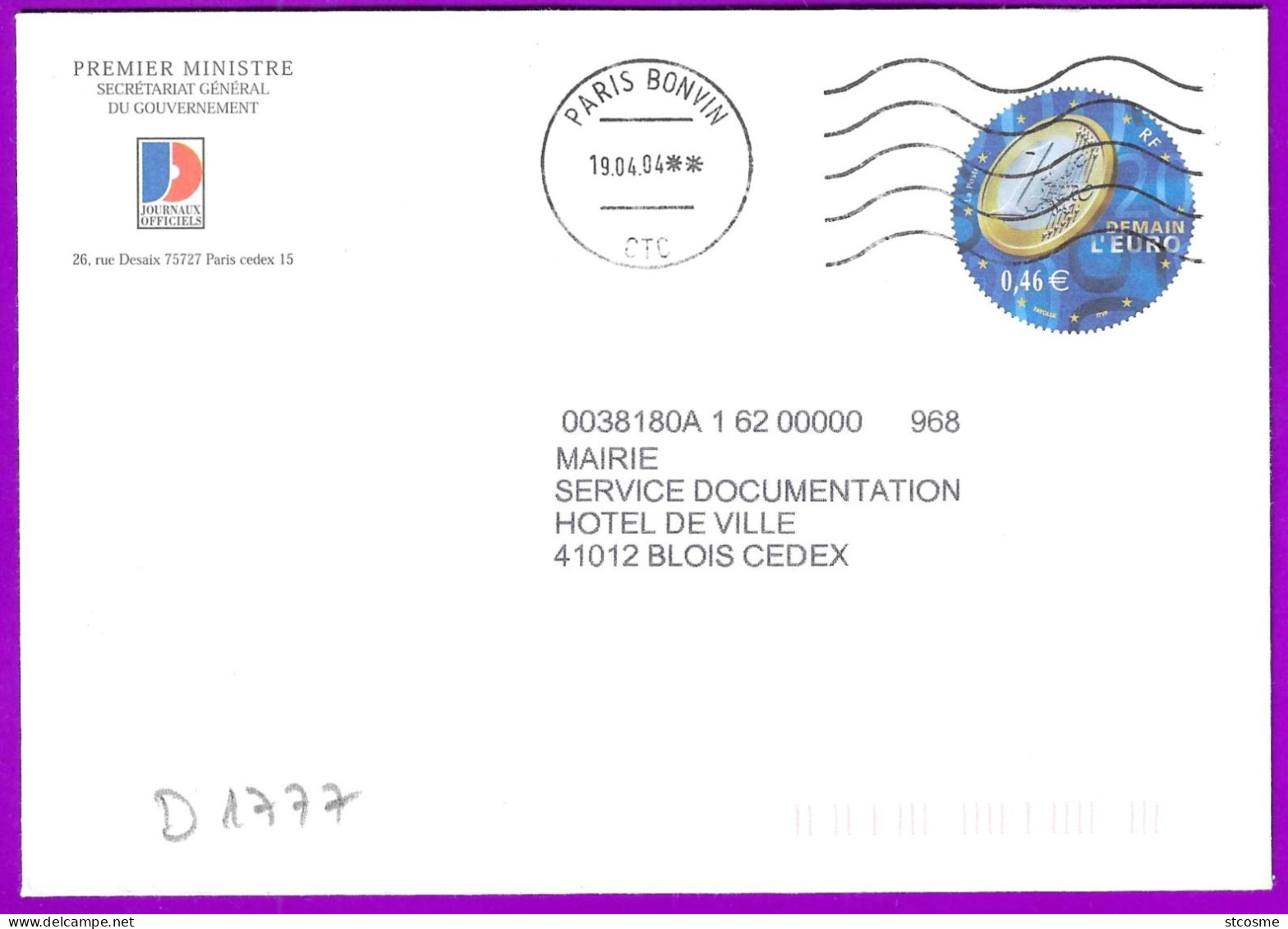 D1777 Entier Postal / Postal Stationnery / PSE - PAP Demain L'euro - Secrétariat Du Premier Ministre - PAP : Altri (1995-...)