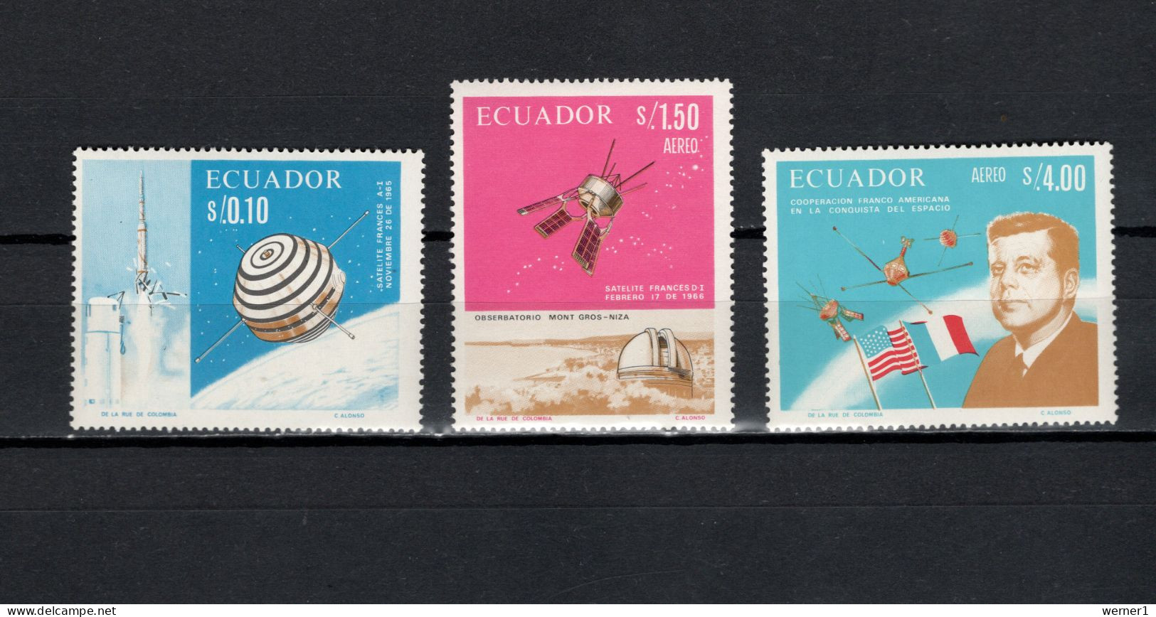 Ecuador 1966 Space, French And American Space Successes, JFK Kennedy Set Of 3 MNH - South America