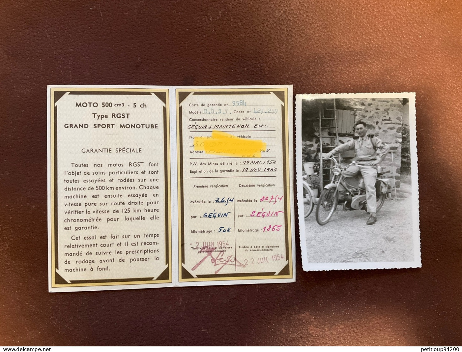 530 DOCUMENT Commercial + Photo  TERROT  Carte De Garentie  MOTO 500 Cm3 5 Ch  Type RGST  Maintenon  E Et L  ANNEE1954 - Transporte