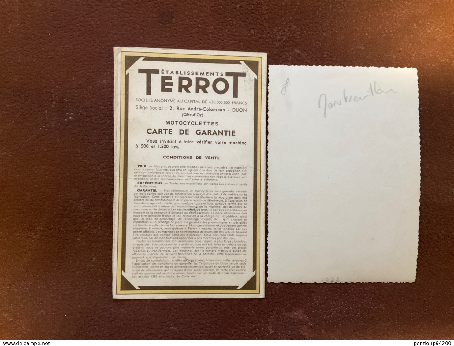 530 DOCUMENT Commercial + Photo  TERROT  Carte De Garentie  MOTO 500 Cm3 5 Ch  Type RGST  Maintenon  E Et L  ANNEE1954 - Verkehr & Transport