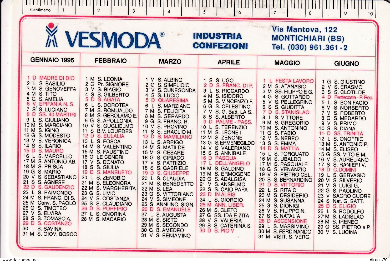 Calendarietto - Vesmoada - Montichiari - Brescia - Anno 1995 - Petit Format : 1991-00