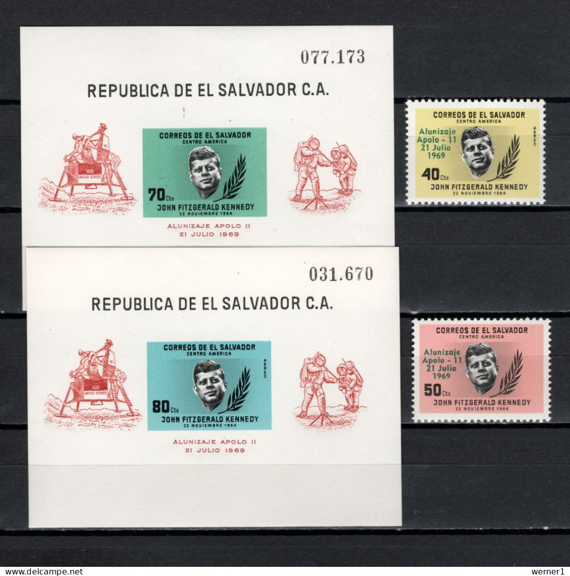 El Salvador 1969 Space Apollo 11 Moonlanding, JFK Kennedy Set Of 2 + 2 S/s With Overprint MNH - North  America