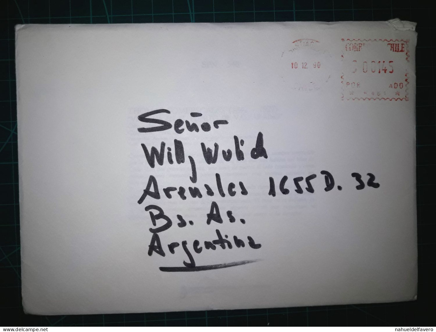 CHILI, Enveloppe Envoyée En République Argentine Avec Envoi Mécanique. Année 1990. - Chili