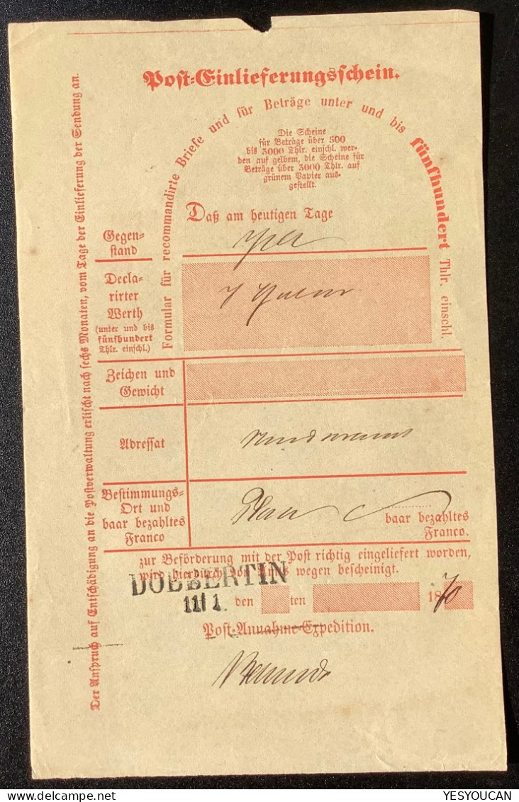 DOBBERTIN 1870 Mecklenburg-Schwerin Nachverwendeter-Stempel Auf NDP Postschein (Brief - Briefe U. Dokumente