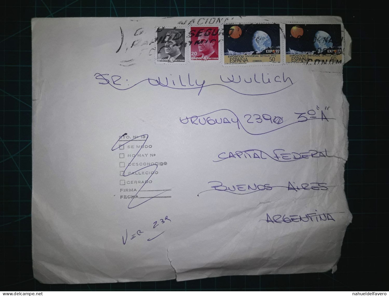 ESPAGNE, Enveloppe Distribuée En République Argentine Avec Une Variété De Timbres-poste - Barcelona