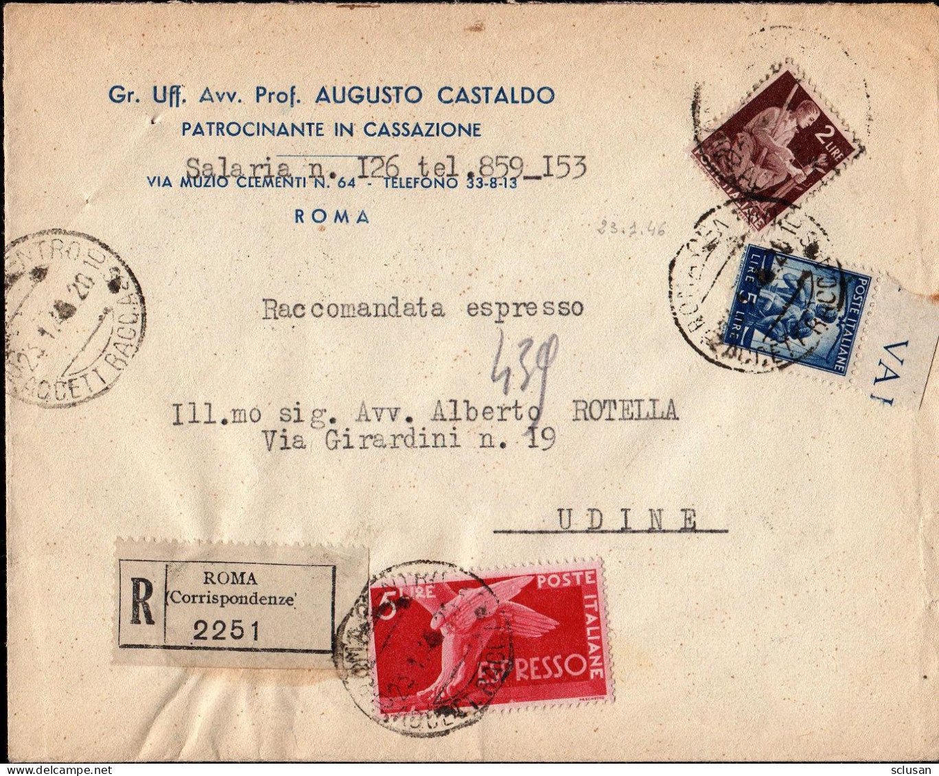 Lettera Raccomandata Espresso Da Roma A Udine 1946 - Marcophilie