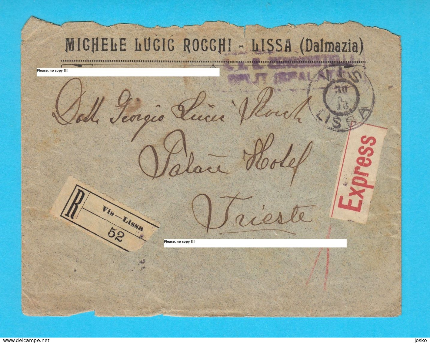 MICHELE LUČIĆ ROCCHI - LISSA (Dalmazia) Old Registered + Express Letter Sent 1918 In Trieste * Croatia Island Vis - Croazia