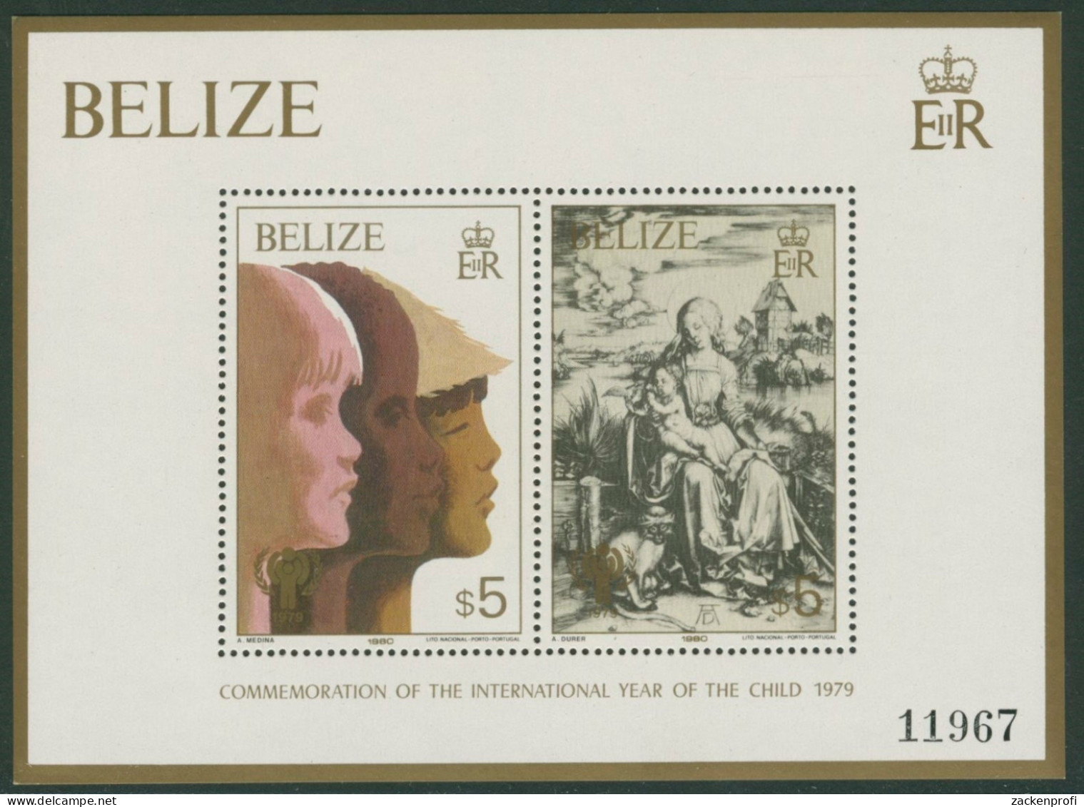 Belize 1980 Jahr Des Kindes Dürer Madonna Mit Katze Block 16 Postfrisch (C22507) - Belice (1973-...)