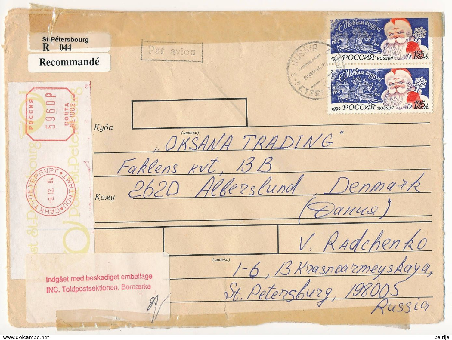 Registered Meter Cover Abroad / Neopost, Customs Stamp - 9 December 1994 Saint Petersburg - Cartas & Documentos