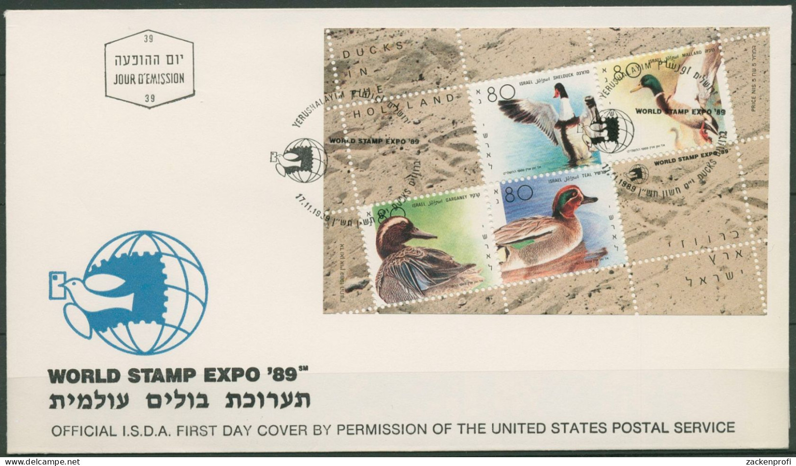 Israel 1989 WORLD STAMP EXPO Gänse Enten Block 40 Ersttagsbrief FDC (X61386) - FDC