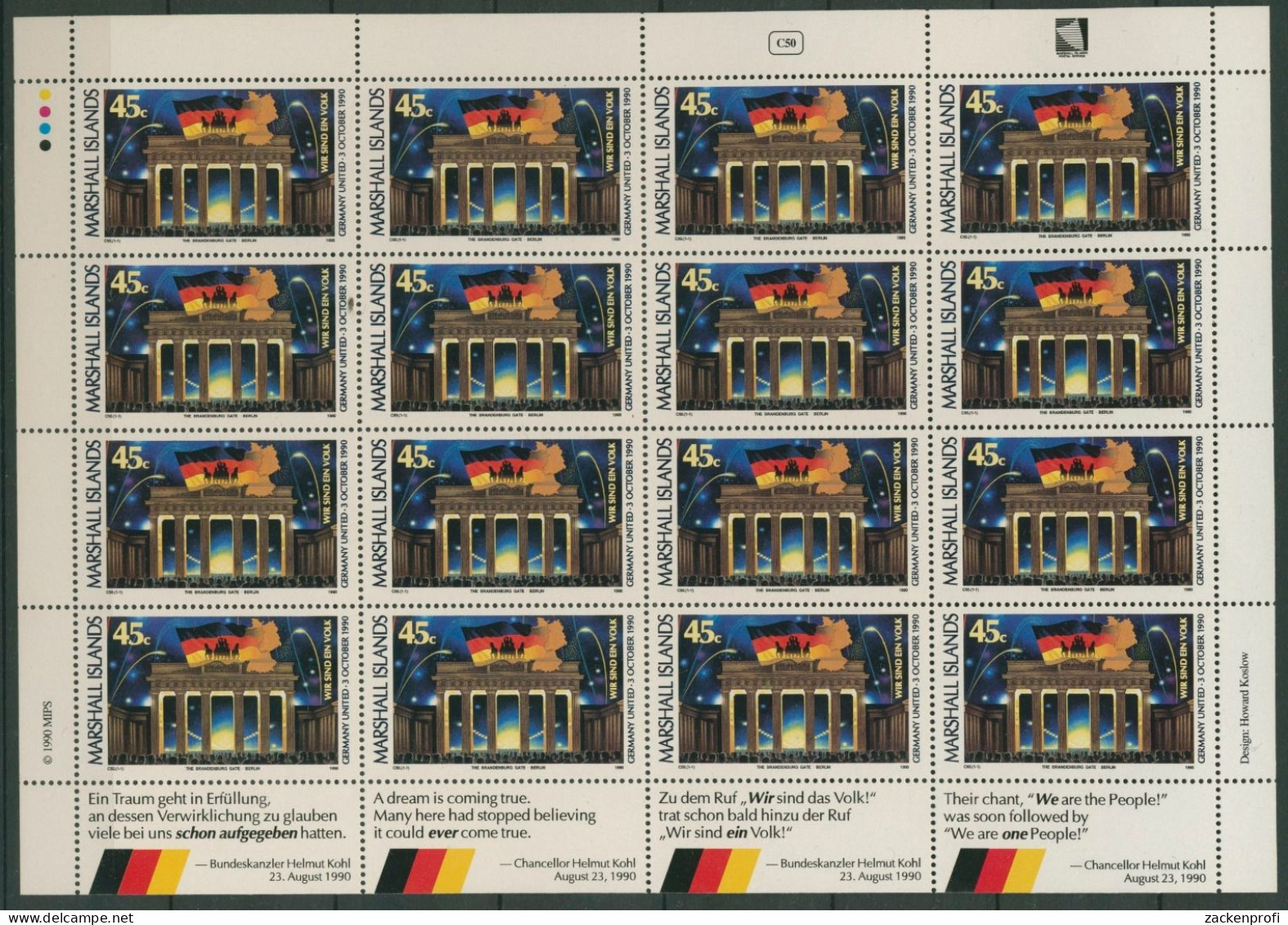 Marshall-Inseln 1990 Dt. Einheit Brandenburger Tor 320 K Postfrisch (SG22014) - Marshallinseln